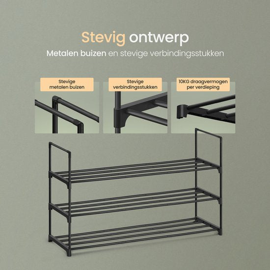 O'DADDY® Shoe Rack 3 Layers - Rack à chaussures - Système de rangement de chaussures - Armoire à chaussures - Rack à chaussures - Armoire à chaussures - Rack de rangement pour 12 à 15 paires de chaussures - Métal noir