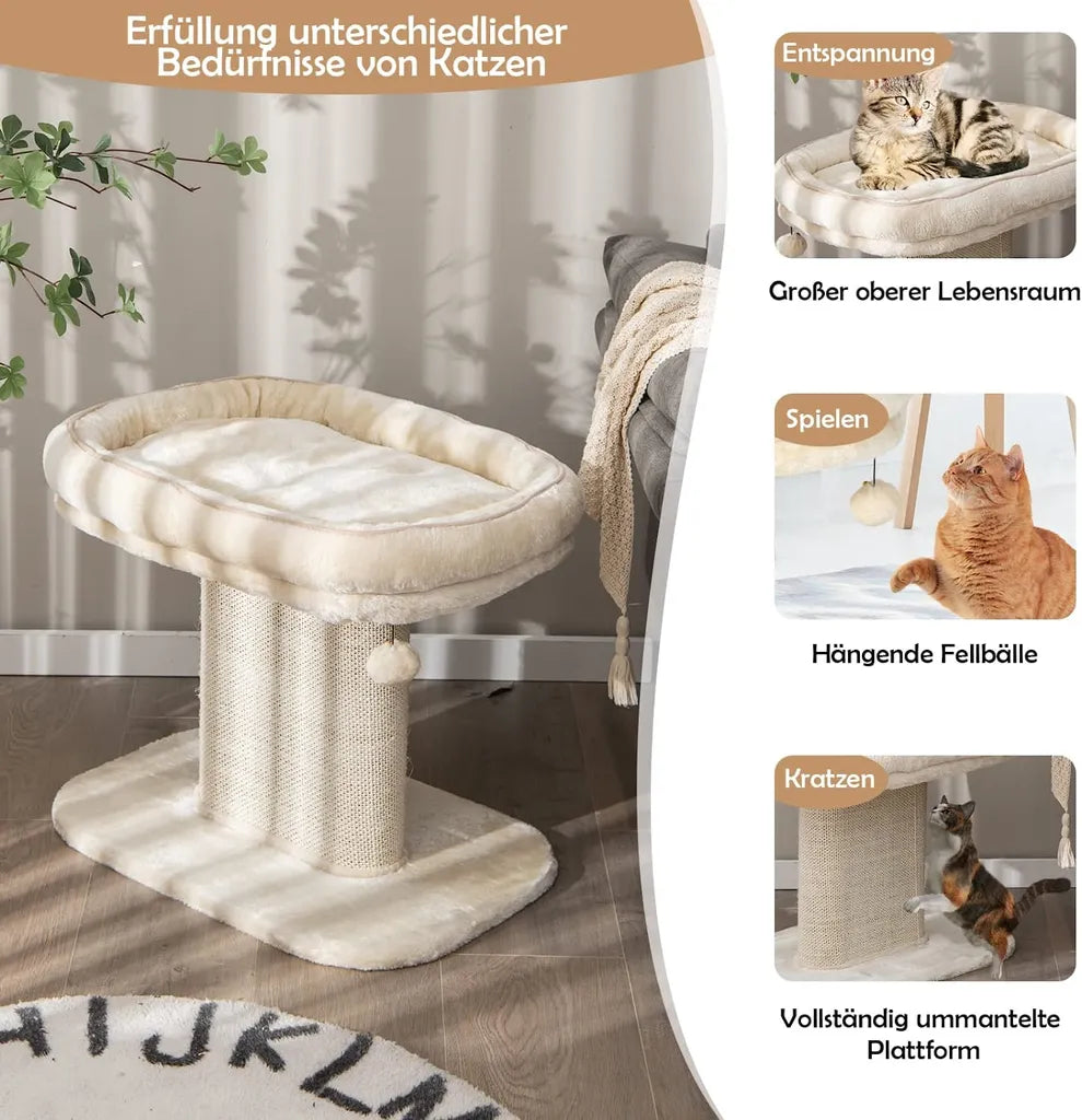 Coast Arbre à griffes moderne pour chat avec grand fauteuil en peluche et planche à griffes en sisal beige