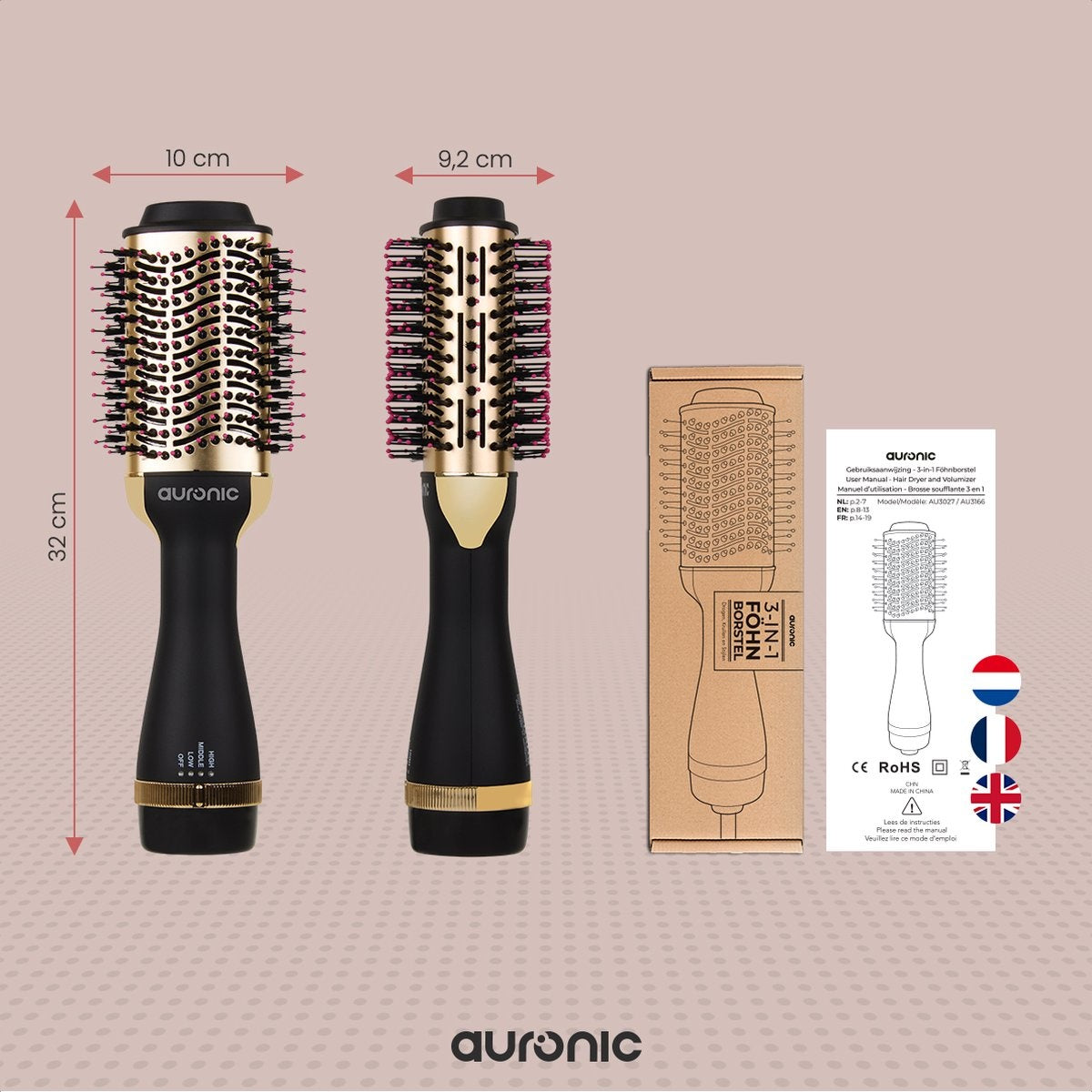 Auronic - Brosse soufflante et coiffante 3 en 1 - 1000W - Noir/or