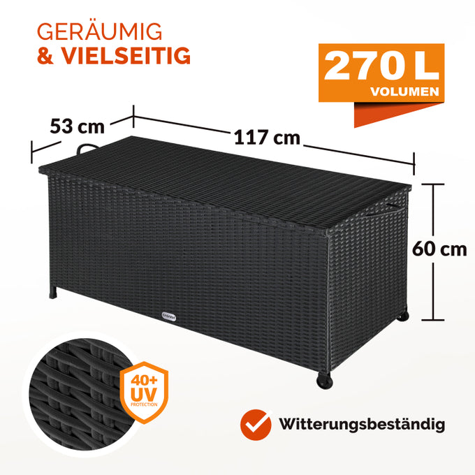 Casaria Polyrotan Cushion Box - équipé de deux ressorts à gaz, d'un revêtement intérieur imperméable et de deux roulettes - pour coussins d'assise et accessoires de jardin - acier laqué noir - cent dix-sept centimètres de long, cinquante-trois centimètres
