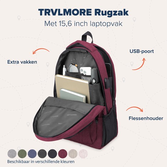 TRVLMORE Sac à dos à vie - Sac à dos avec compartiment pour ordinateur portable de 15,6 pouces - Cartable - Résistant aux éclaboussures - Hommes et femmes - Garçons et filles - 28L - Bourgogne