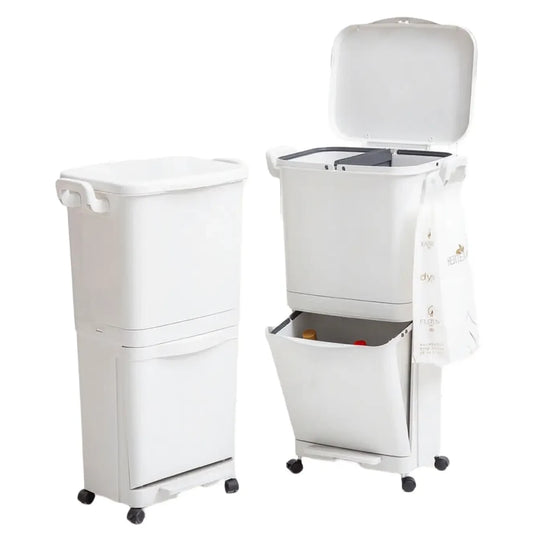 Poubelle Ochama avec système de tri sélectif - 2 compartiments - sur roulettes - 45 L - blanche