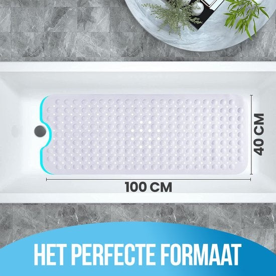 Avalo Tapis de bain / Tapis antidérapant Douche - 100x40CM - Blanc - Avec ventouses - Tapis de douche antidérapant pour la douche - Tapis de salle de bain