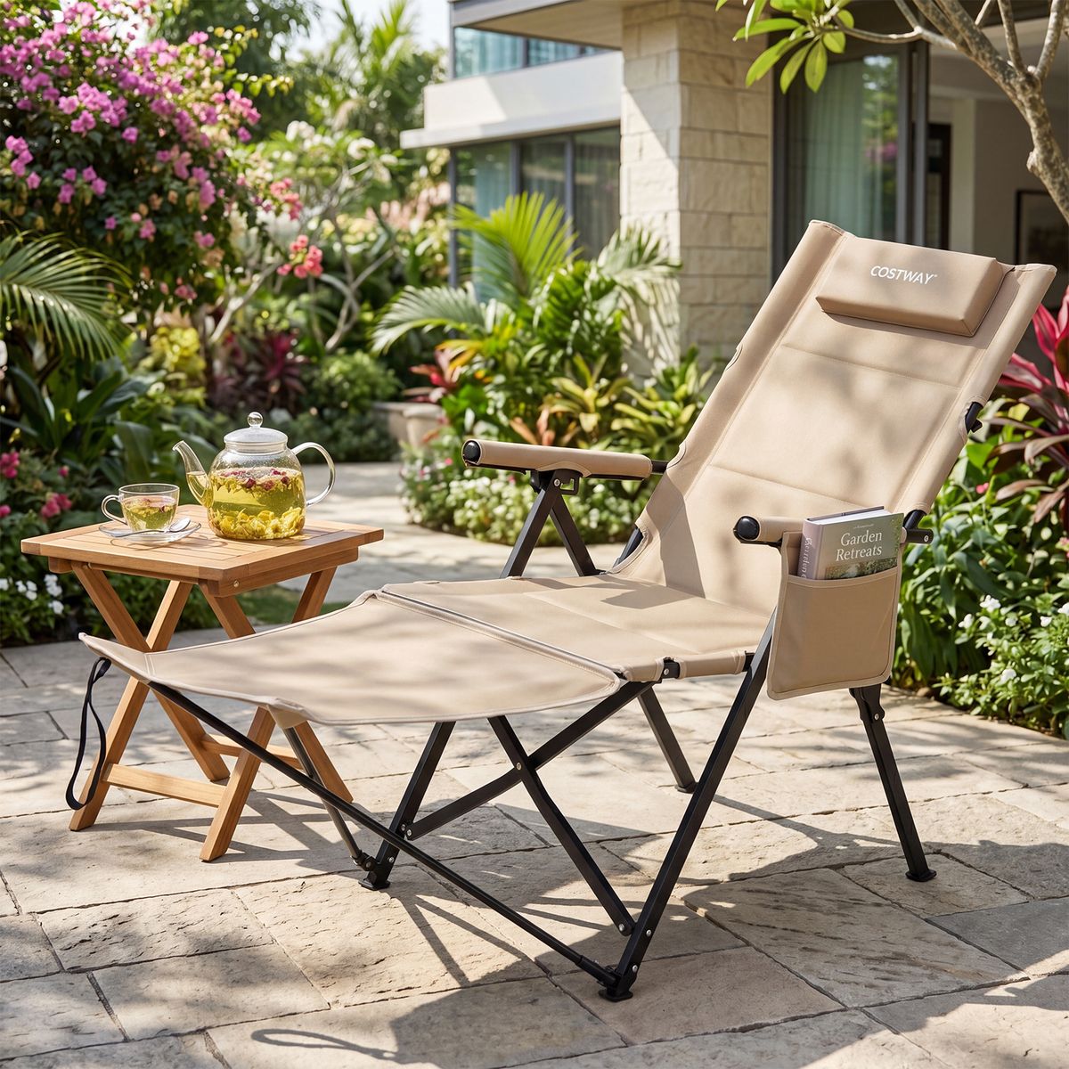 Chaise de camping pliable Coast avec repose-pieds - dossier réglable sur 4 positions - poche latérale et coussin - kaki