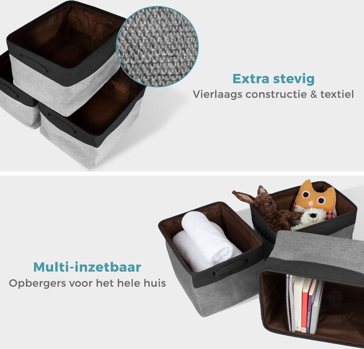 LifeGoods Panier de rangement - 3 pièces - Organiseur de placard - 20 L - Textile - Gris