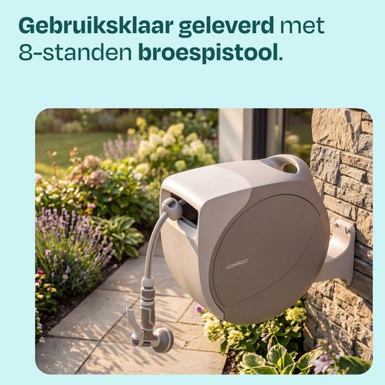 Enrouleur automatique de tuyau d'arrosage VONROC – boîtier mural pour tuyau d'arrosage – avec tuyau d'arrosage haut de gamme de 30 m, pistolet d'arrosage à 8 positions et raccords – beige