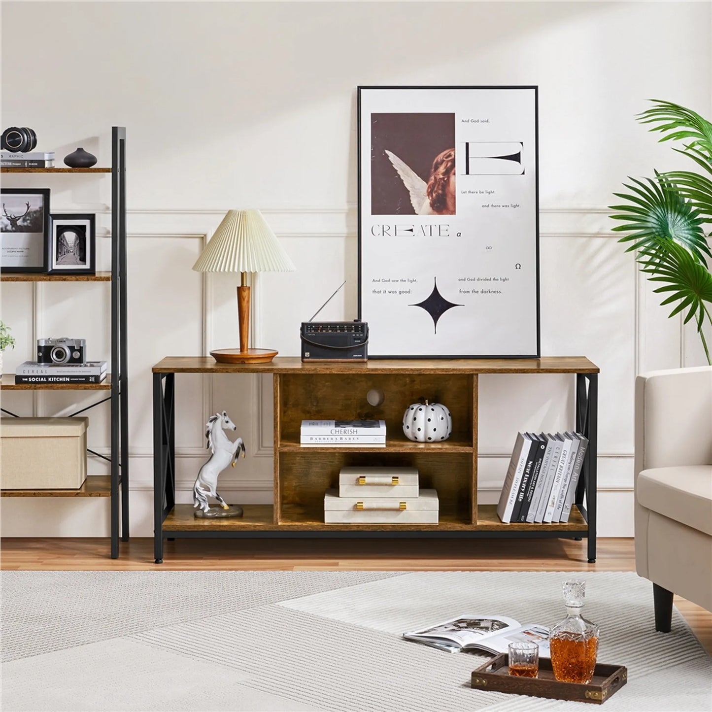 Meuble TV Yaheetech 106 x 40 x 50,5 cm - Brun rouille - Style industriel - Compartiments de rangement ouverts - 40 kg
