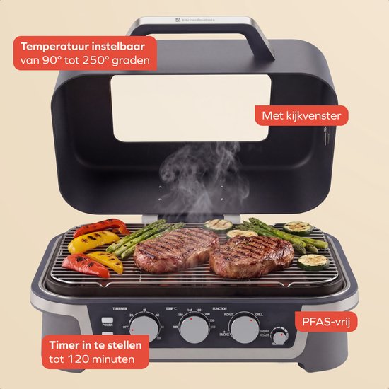 KitchenBrothers Barbecue électrique et fumoir - Modèle de table pour balcon - 90 °C à 250 °C - 2 600 W - Barbecue de table - Avec hublot