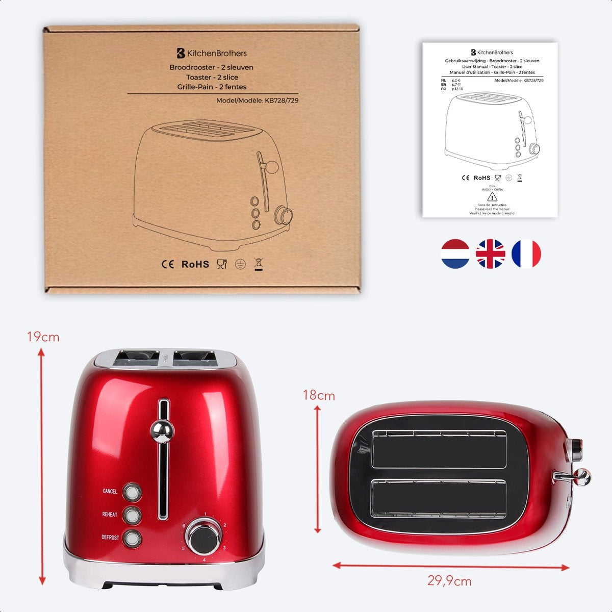 KitchenBrothers Grille-pain rétro - 6 niveaux de chaleur - 2 fentes extra-larges - 1630W - Fonction de réchauffage et de décongélation - Rouge