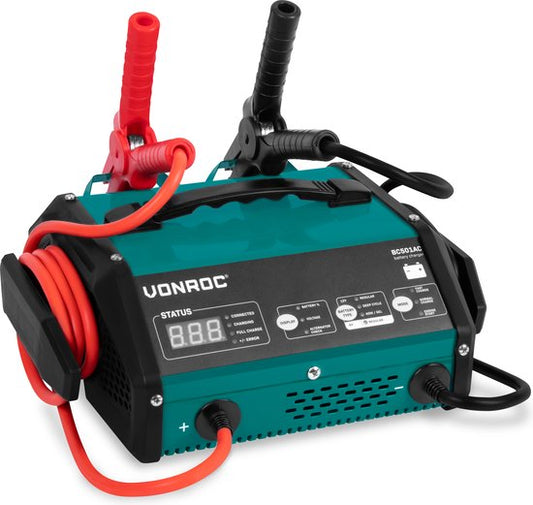 VONROC Chargeur de batterie avec démarreur - Max. 15A - Pour batteries plomb-acide 6V ou 12V