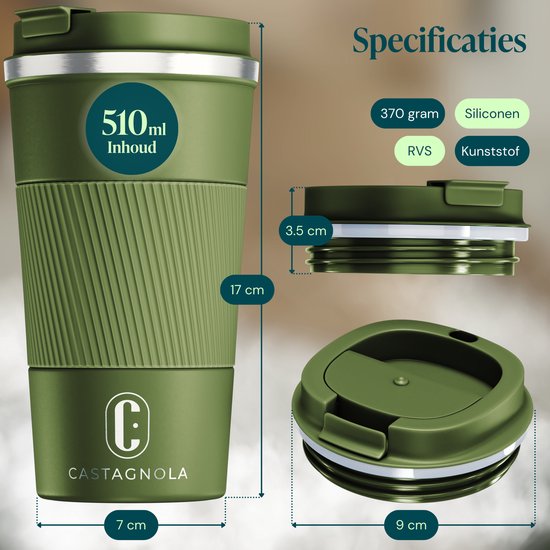 Mug isotherme Castagnola - Mug à café à emporter - Mug de voyage pour café et thé - Mug à thé - 510 ml - Acier inoxydable - Vert