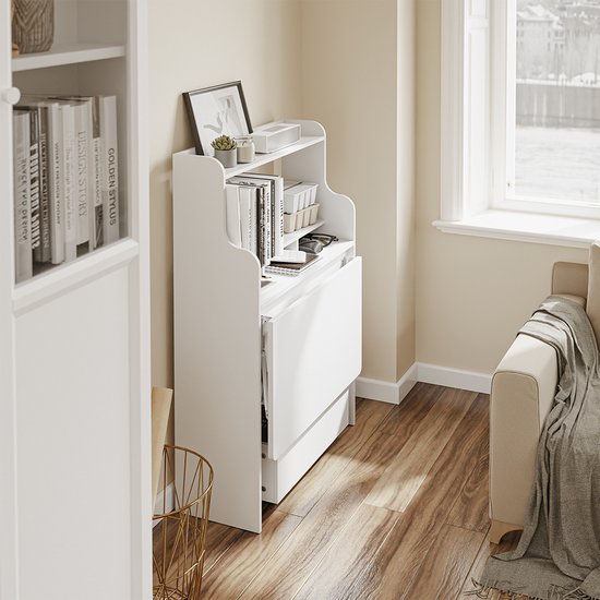 Table pliante murale SoBuy FWT105-II-W - Table pliante multifonctionnelle peu encombrante avec roulettes - Bureau pliant avec tiroir et étagères - Blanc