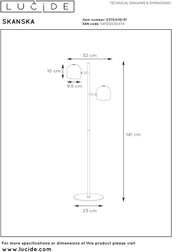 Lucide SKANSKA - Lampadaire - LED 3 StepDim - 2x5 W 3000 K - Blanc