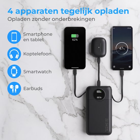 Nuvance Powerbank 20 000 mAh - Chargeur rapide 22,5 W USB-C et 8 broches - Kit d'urgence - 2 ports - 2 câbles intégrés - Powerbank