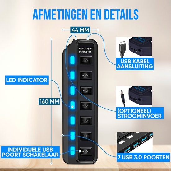 Strex USB 3.0 Hub - Répartiteur USB - 7 ports - 5Gbps - Indication LED - Interrupteur marche/arrêt - Câble 100CM