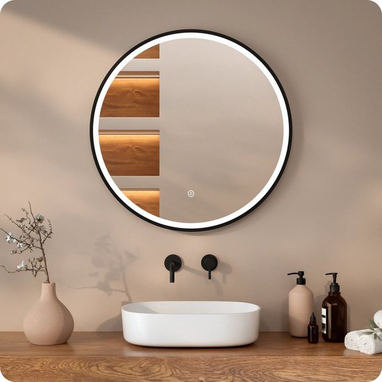 Miroir de salle de bains Mirlux avec éclairage LED et chauffage – Miroir mural rond – Miroir de douche anti-buée – 80 cm – Cadre noir