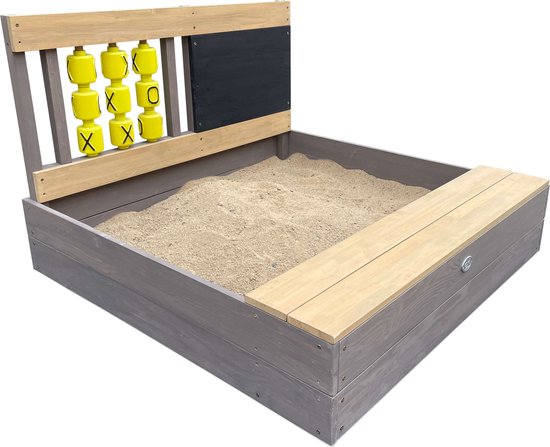 Bac à sable AXI Kitty « Beurre, fromage et œufs » gris/marron - Avec siège - Bâche de protection et toile de sol incluses - Bois certifié FSC