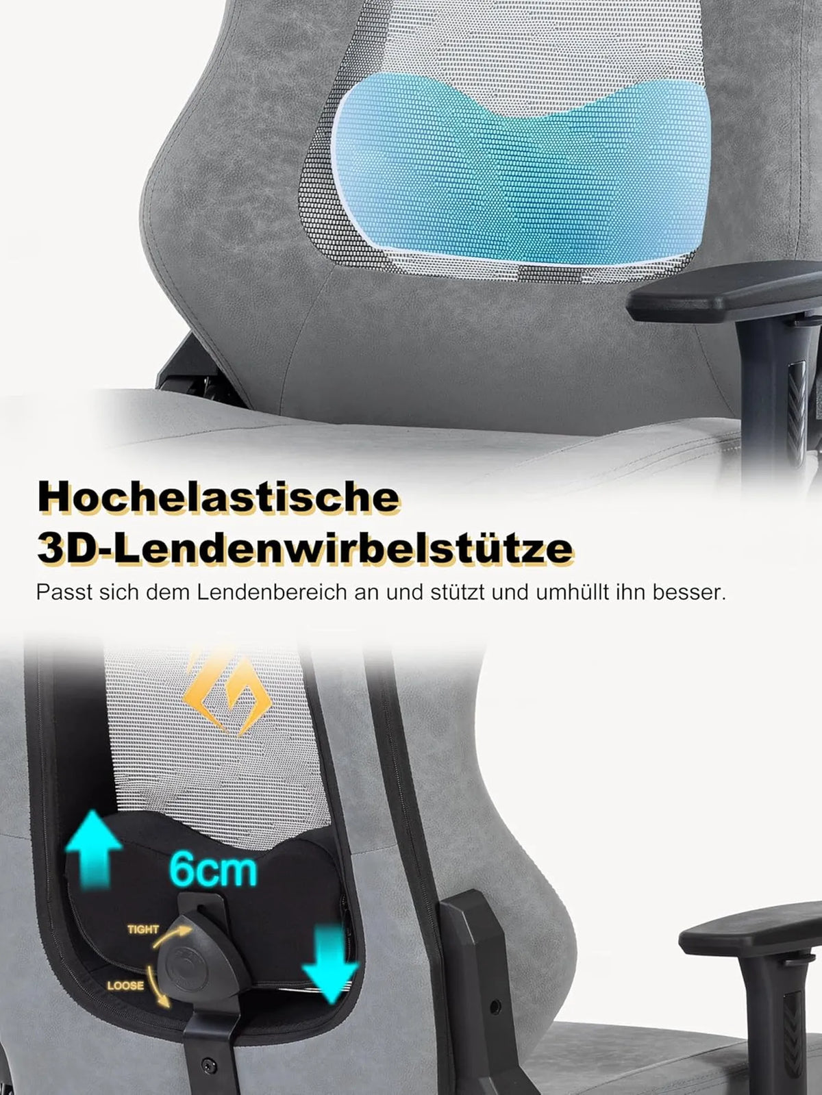 Fauteuil gaming ergonomique SYMINO avec dossier respirant – Cuir PU vintage – Gris – Métal et mousse