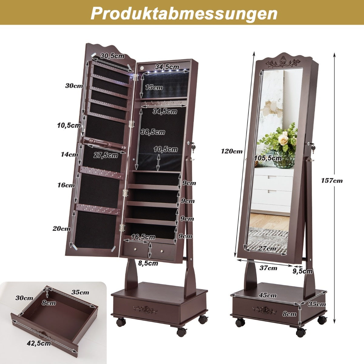 Armoire à bijoux Coast armoire de toilette avec miroir pleine grandeur et tiroir & led Brown