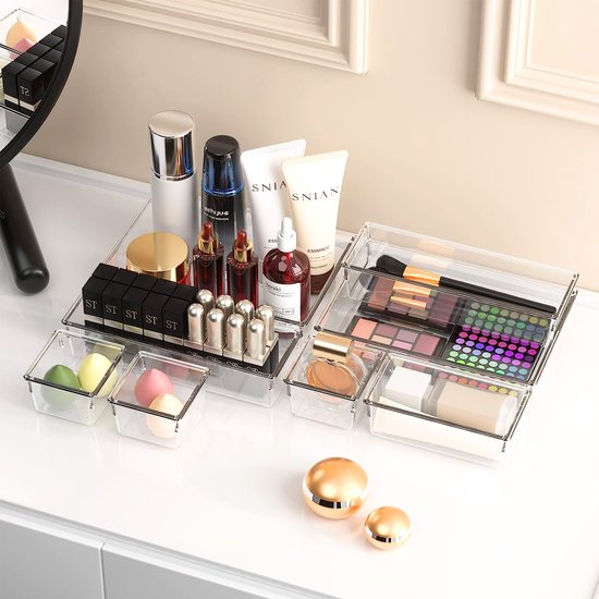 Posity Organisateur de tiroirs - 44 pièces - Plateaux d'organisation - Plateaux de tiroirs - Plateaux de stockage - Organisateur de maquillage - Pour la cuisine, la salle de bain et le bureau - Plastique - Transparent