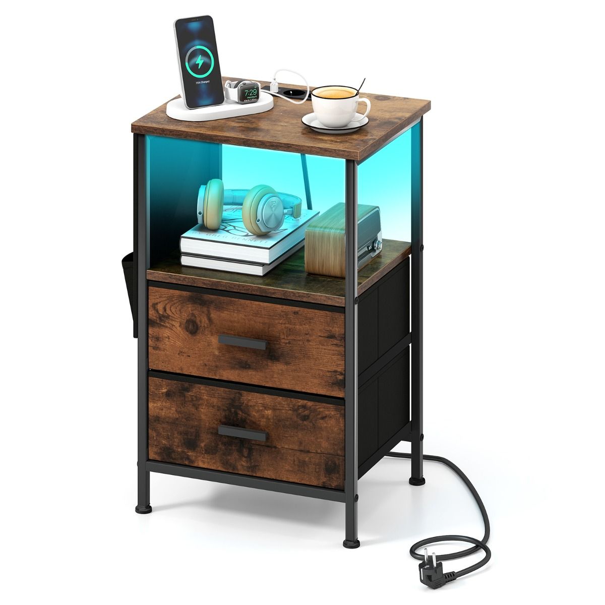 Ensemble de tables d'appoint Coast 2 pièces - avec station de recharge et éclairage LED - 2 tiroirs en tissu et 6 compartiments latéraux - marron rustique
