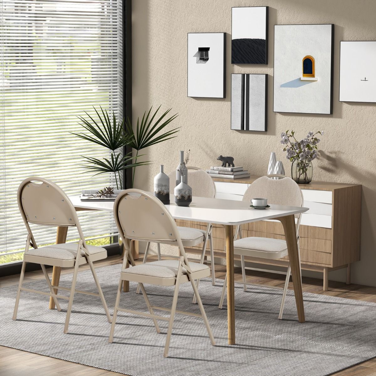 Coast 4-Piece Portable Folding Chair Set - Metal Frame, Padded Seat and Fabric Covered Backrest, Beige, 47 x 50 x 88.5 cm