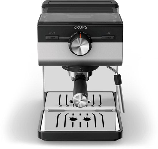 Machine à piston Krups Authentic XP384E10 - Machine à expresso - 15 bars - Système Thermoblock - Acier inoxydable - Buse à vapeur incluse - Compatible avec le café moulu et les dosettes ESE