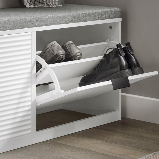 SoBuy Banc de rangement pour chaussures - Blanc - 2 rabats et coussin inclus
