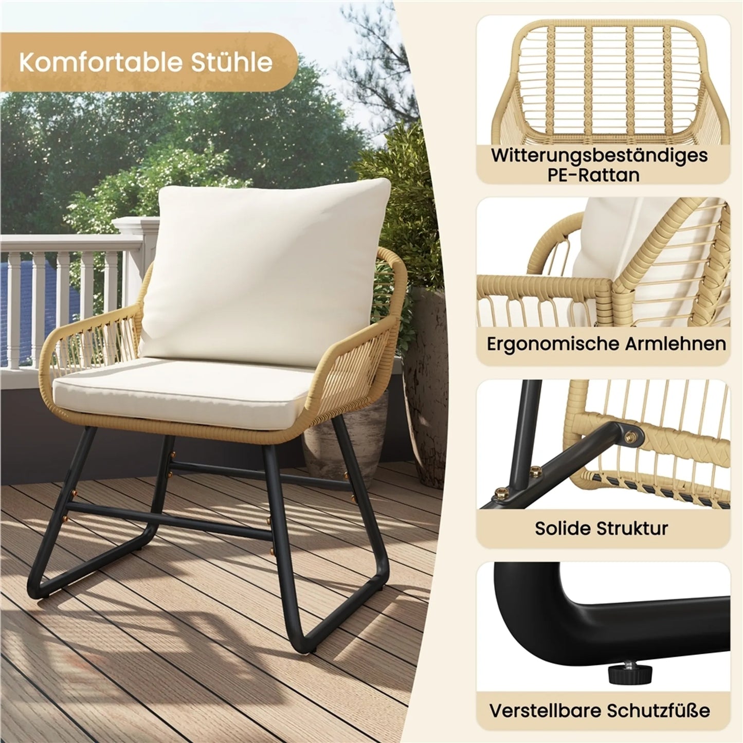 Yaheetech Bistro Garden Set 3-Piece - 61 x 65 x 76 cm - Comprend un plateau de table en verre et un siège et des coussins décoratifs - Pour balcon et terrasse - Light Brown and Metal