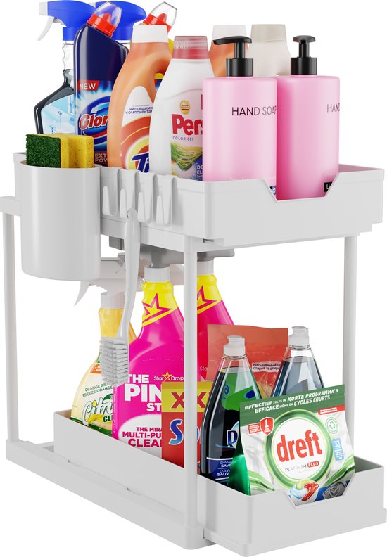 Posity Rangement pour évier - Rangement pour armoire de cuisine - Tiroir coulissant - Rangement pour armoire - Rangement pour salle de bain - Rangement pour comptoir - 2 tiroirs coulissants - Blanc