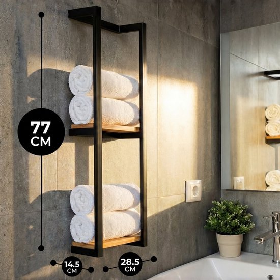 Vonia Porte-serviettes - Porte-serviettes salle de bain - Porte-serviettes salle de bain - Porte-serviettes - Noir/Bois