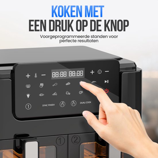 Strex Airfryer XXL - 10L - 2500W - Friteuse à air chaud - Double Airfryer - 50ºC à 200ºC - 10 programmes de cuisson - Noir