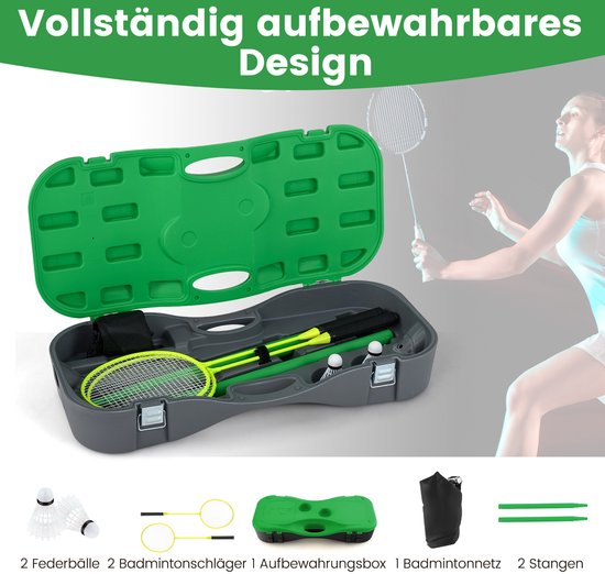 COSTWAY Support de filet de badminton, jeu de navette portable avec raquettes, 2 navettes, filet et boîte de rangement, set complet de badminton pour badminton/tennis et volley-ball pour l'intérieur et l'extérieur