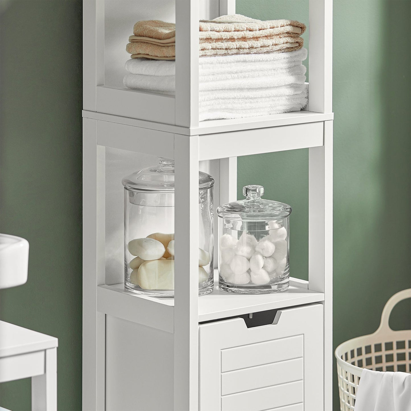SoBuy Meuble de salle de bain haut avec repose-pieds - 2 tiroirs - acier - 30x30x144cm