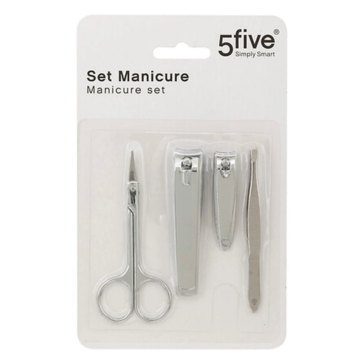 Kit de manucure 5Five Bodybeauty - 4 pièces - Argent - Coupe-ongles, coupe-ongles pour les orteils, petits ciseaux et pince à épiler - 18 x 11 x 2 cm
