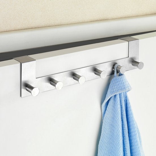 WENKO Porte-manteau de porte Celano en acier inoxydable, 39 cm de large, avec 6 crochets - Barre à crochets - Porte-manteau de porte - Pour portes à recouvrement de 2 cm d'épaisseur