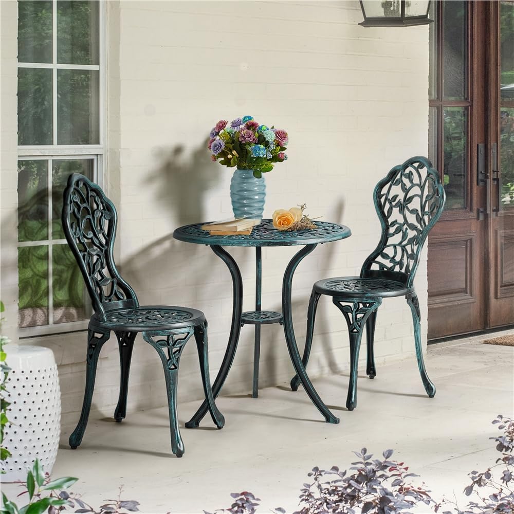 Ensemble de bistrot Yaheetech 3 pièces – Vert – Ensemble de jardin en métal comprenant 2 chaises et une table