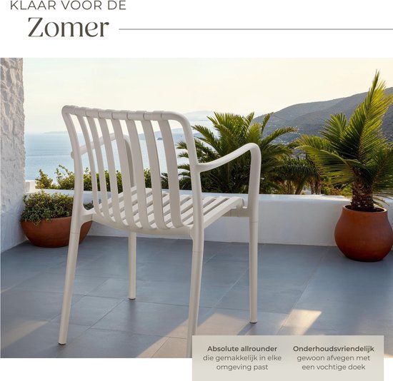 tectake® Lot de 4 chaises de jardin Alcudia - Taupe - Chaises en plastique avec accoudoir - Empilables - Chaises pour jardin, terrasse ou balcon - Résistantes aux intempéries et aux UV - Capacité 120kg par chaise de jardin