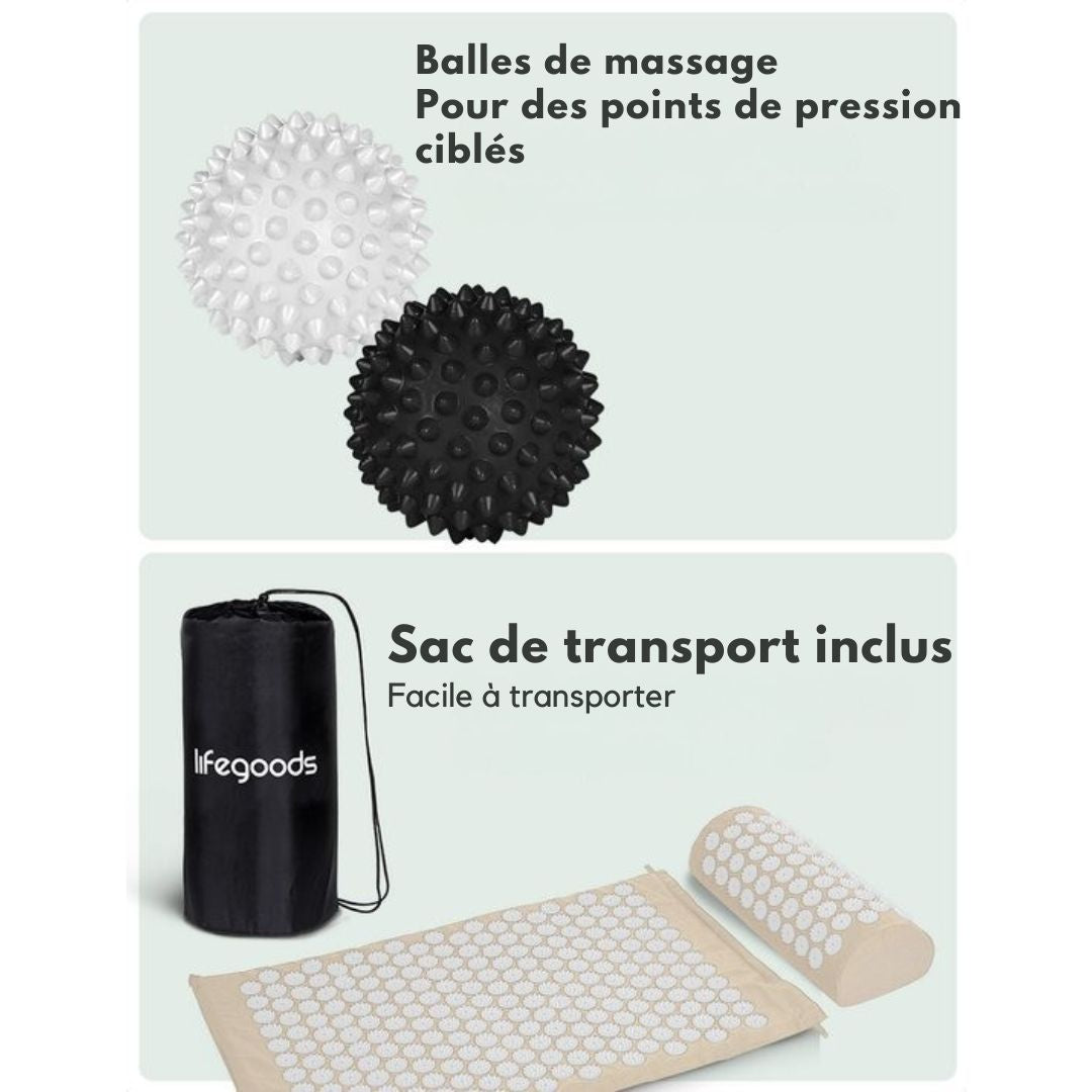Tapis d'acupression avec coussin LifeGoods - Tapis Shakti - Tapis pour ongles avec 2 balles pour points de déclenchement - 66x40x2cm - Beige/Blanc