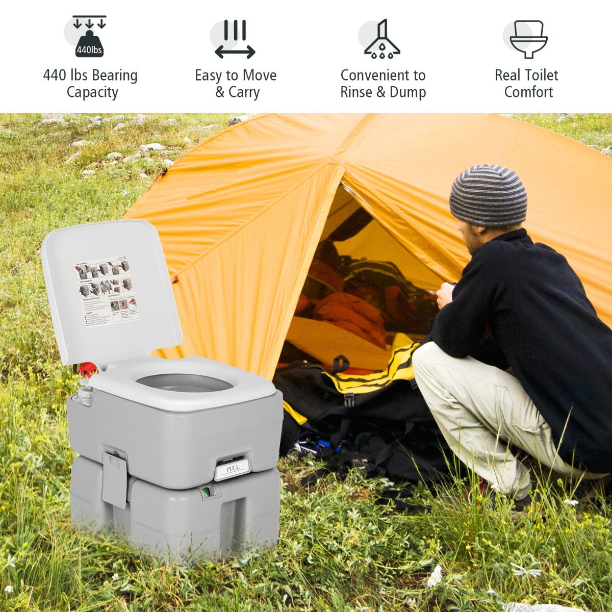 Toilettes de camping portables Coast - Réservoirs séparés - 10 L d'eau propre, 20 L d'eaux usées - Gris
