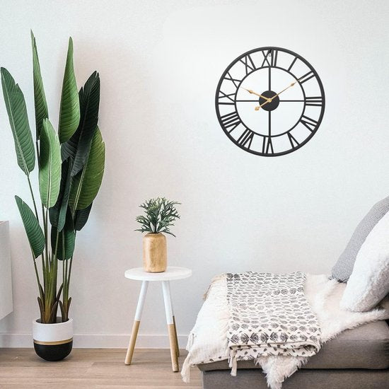 Horloge murale Tyme de style industriel – 34 cm – Chiffres romains – Facile à lire – Analogique – Mécanisme d'horlogerie – Horloge murale moderne – Quartz – Noire