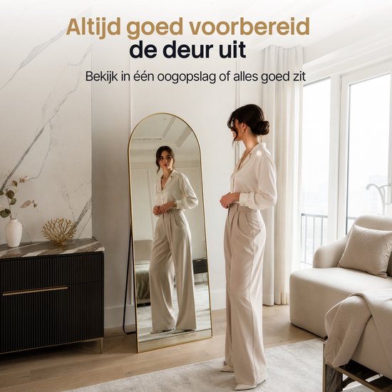 Miroir Infinity Goods - 160 x 60 cm - Miroir mural design - Miroir sur pied avec cadre métallique - À suspendre - Miroir de dressing - Forme arrondie - Moderne - Doré