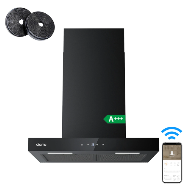 Hotte murale Ciarra CBCB6102 - 60 cm - Application Wi-Fi - 650 m³/h - A+++ - Noir
