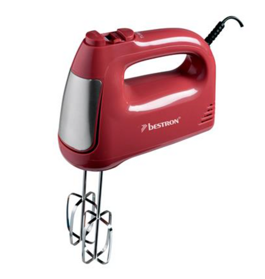 Batteur à main Bestron AHM400SPNR - 300 W - 6 vitesses - Fonction turbo - Fouets et crochets pétrisseurs en acier inoxydable - 19 x 8 x 15 cm - Rouge