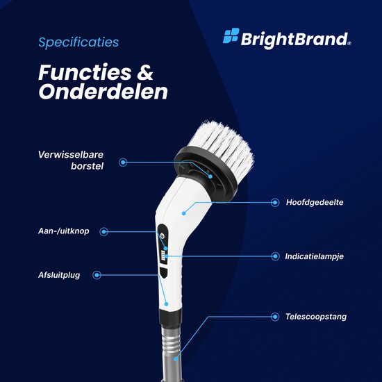 Brightbrand PowerScrub Pro - Brosse de nettoyage électrique - Brosse à récurer - Pour la salle de bain et la cuisine - Nettoyeur - Brosse à récurer avec manche - Raclette - Polisseuse - Polisseuse avec 10 accessoires