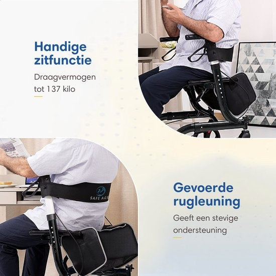 Déambulateur SafeLife - réglable, pliable et avec fonction d'assise - capacité de charge de 137 kg - 70 x 61 x 95 cm - noir