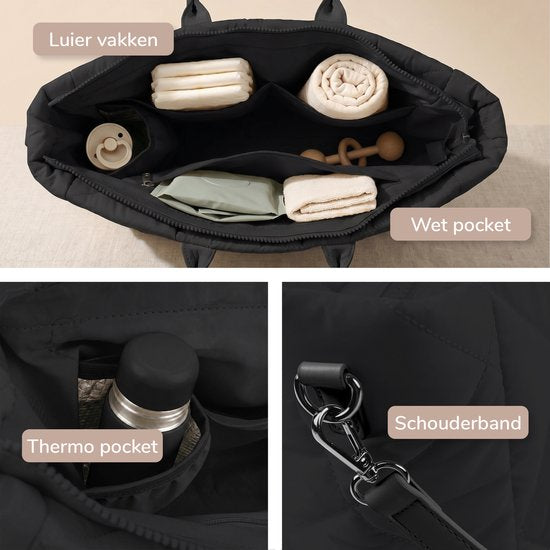 Sac à langer Mommsy – Sac à langer – Mom Bag – Compartiment isotherme – Tissu matelassé – Mommy Bag – Très spacieux – Hydrofuge – Organiseur – Léger – Noir