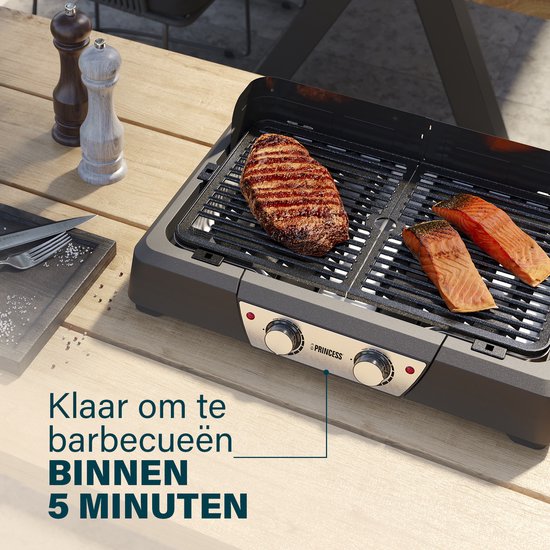 Princess BBQ Table Grill 112254 - Noir - Thermostat réglable - BBQ de table - Appareil pour grillades - Grande surface de cuisson - 2000W