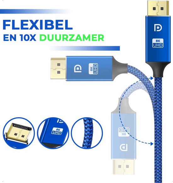 Displayport Cable 1.4 - DP Cable 8K - 24K Gold Plated - 1.8 Metres - Blue