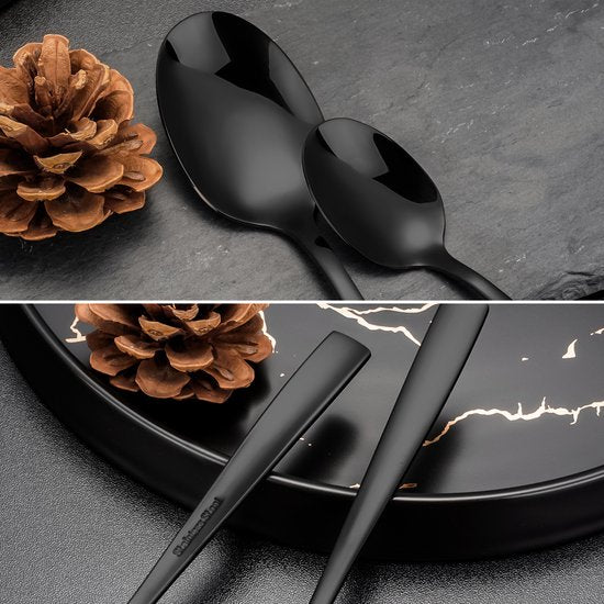 Deleca 12 Person Cutlery Set Essential (72 pieces) - Spoons, Knives, Forks, Steak Knives & Pastry Forks - Dishher Safe Cutlery - Shiny Black / Stainless Steel